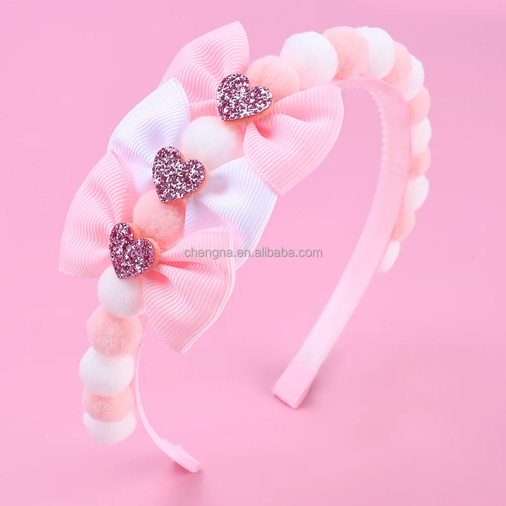 CN New Design Cute Princess Pink Headband Hair Accessories Pom Pom Valentine Headband for Girls