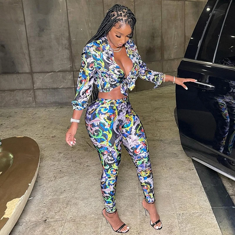 Fashion women set  hot sale Printed boho style lace-up long-sleeved shirt slim trousers set