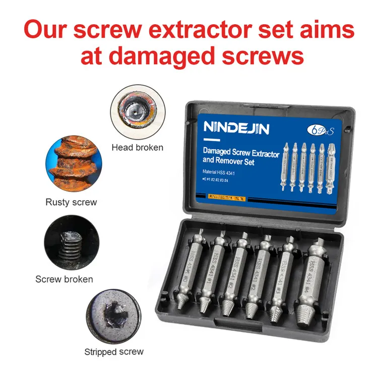Manufacturer 4PC 5PC 6PC NINDEJIN  Titanium Plated Stripped Screw Extractor Set Speed Out Damaged Screw Extractor Kit