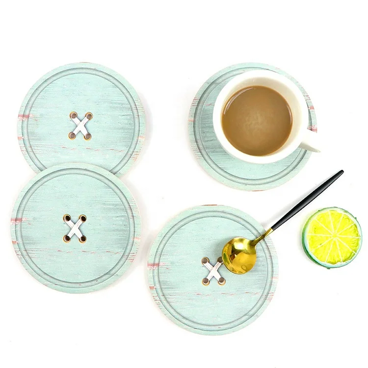 OEM  4 in 1 decorative button wooden printing cute tea coffee beer magnetic ceramic cup mats pads and placemat coasters