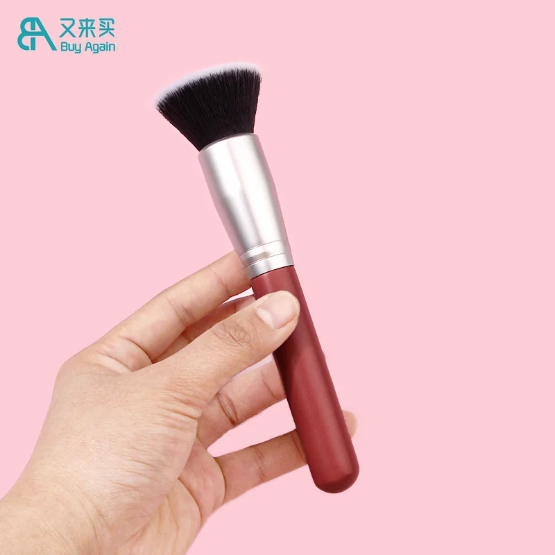 wholesale custom logo wine red foundation makeup brush high quality professional liquid buffer flat top foundation brush