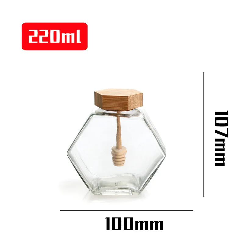 High Quality 100ml 220ml 380ml Transparent Hexagonal Honey Container Glass Jam Honey Jar Jar With Wooden Dipper and Bamboo Cork
