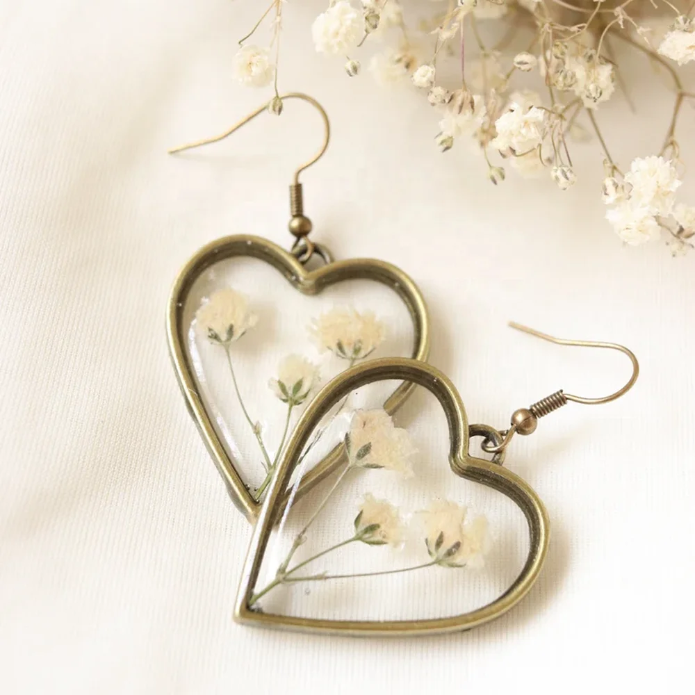 Лидер продаж винтажные серебряные и бронзовые серьги из эпоксидной смолы детские с натуральными цветами