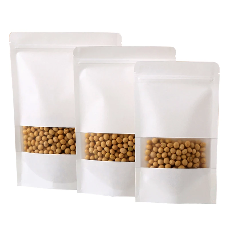 White Kraft Stand up Pouch Paper Spice Bag Resealable Packaging Plastic Paper  Pouch With Window Customized Logo for Food Tea