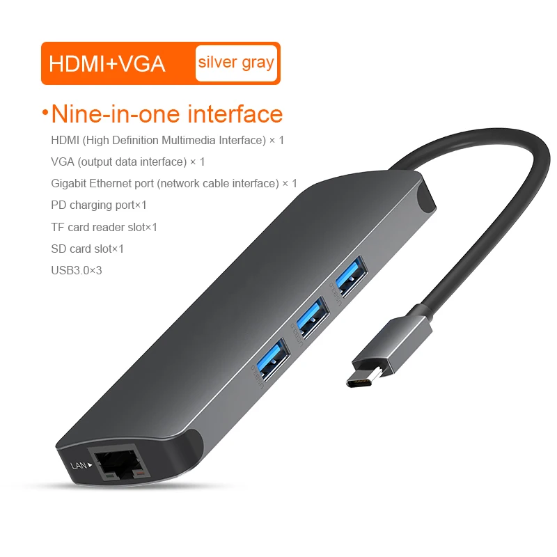 9 в 1 USB-C концентратор USB3.0 Micro TF 3,5 мм RJ45 аудио Интернет порт USB-C naar 4K MD Thunderbolt Ethernet LAN Тип C концентратор usb