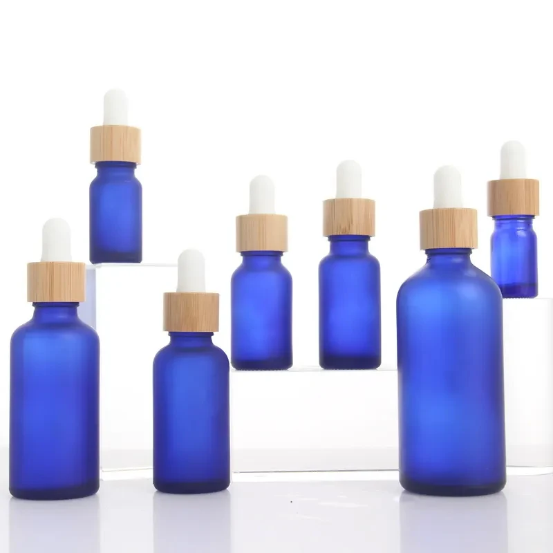 Hot Sale Frosted Matte Cobalt Blue Glass Dropper Bottle 30ml Boston Round Bottle with Silver Gold Cap Essential Oil Glass Bottle