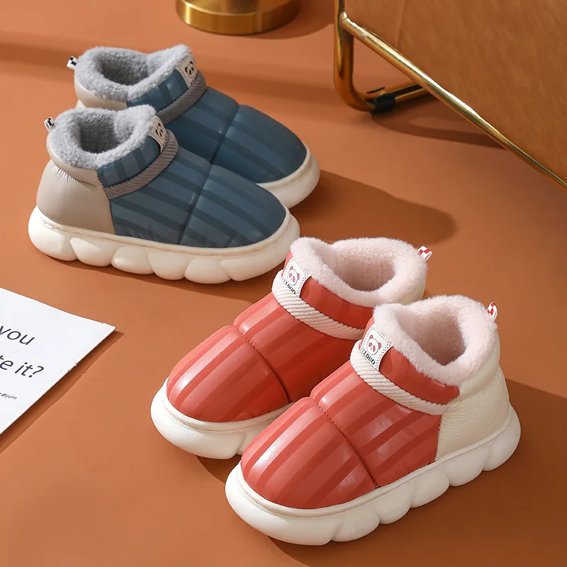 Fashionable Unisex Kids Leather Snow Boots round Toe Winter Knee-High with Fuzzy Fur Plush Anti-Slip Feature for Autumn Season