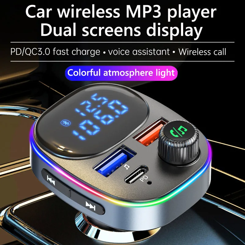 Dual Microphone One Key Bass Handsfree Bt Car Kit Wireless Usb C Car Fm Modulator Transmitter Car Mp3 Player