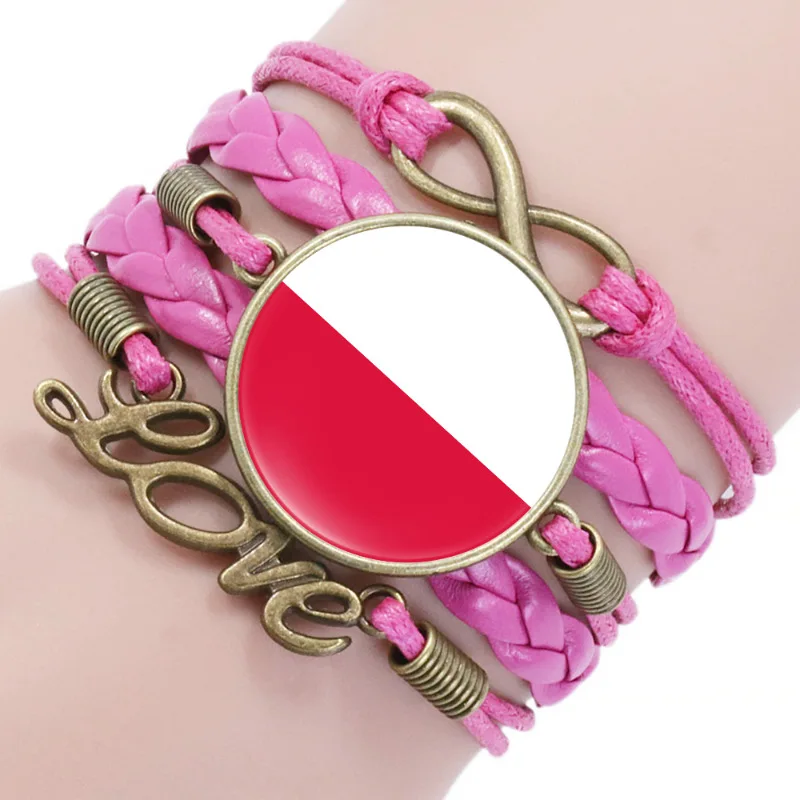 Manufacturer European National Country Flag Design Infinity Love Pink Leather Wrap Bracelet