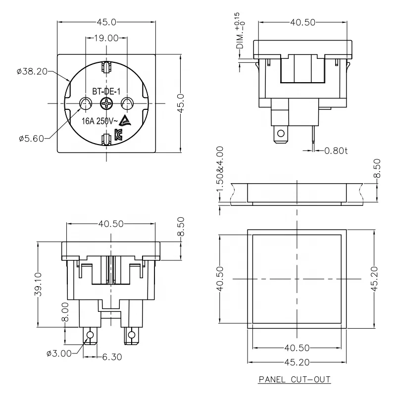 45*45 16A 250V European 3 PIN AC outlet wall power socket adapter plug connector with certification
