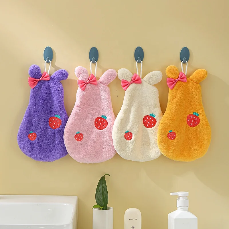 Strawberry rabbit shadow pendable coral velvet towel cartoon embroidery absorbent kitchen clean hand towel small