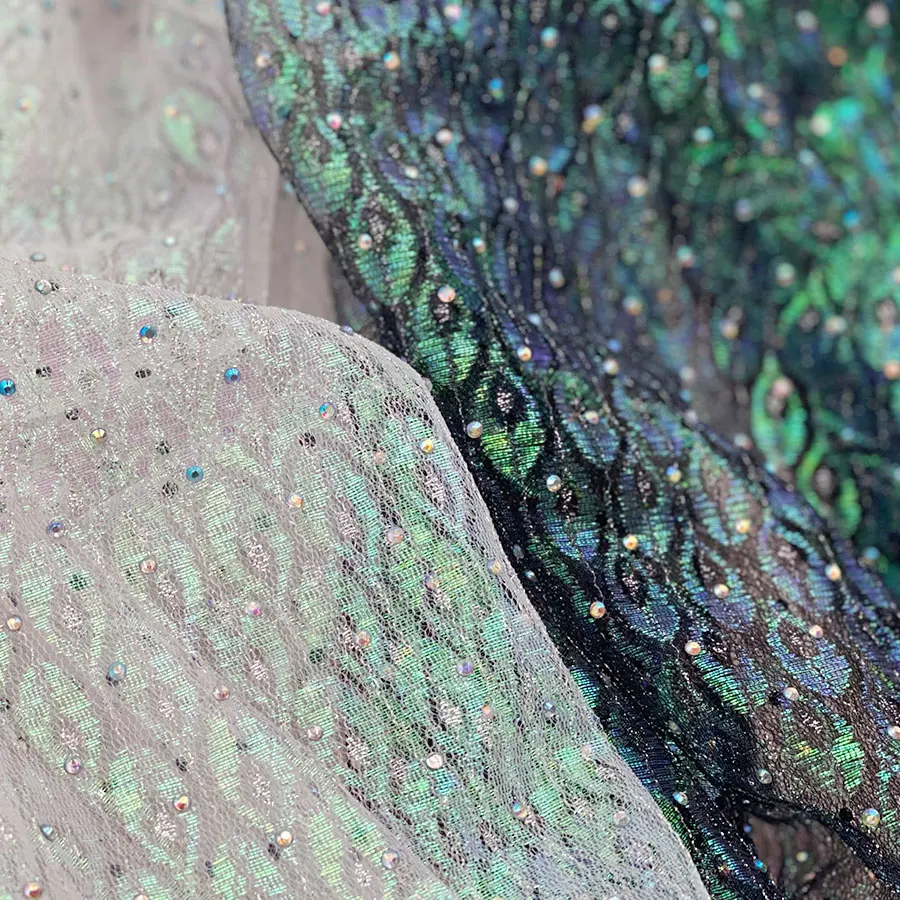 2022 new design shiny multicolor peacock feather pattern rhinestone process jacquard lurex mesh with stone