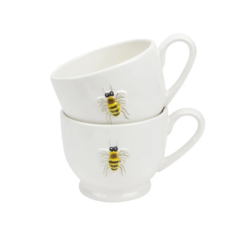 set of 2 11 oz Ivory handmade personalized embossed honey bee painting ceramic cup