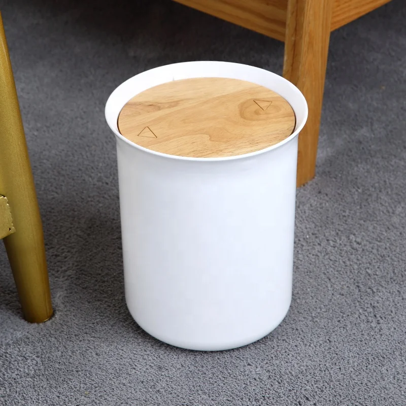 Nordic simple style standing rubbish paper small plastic waste bin cylinder withe PP trash bin with bamboo cover