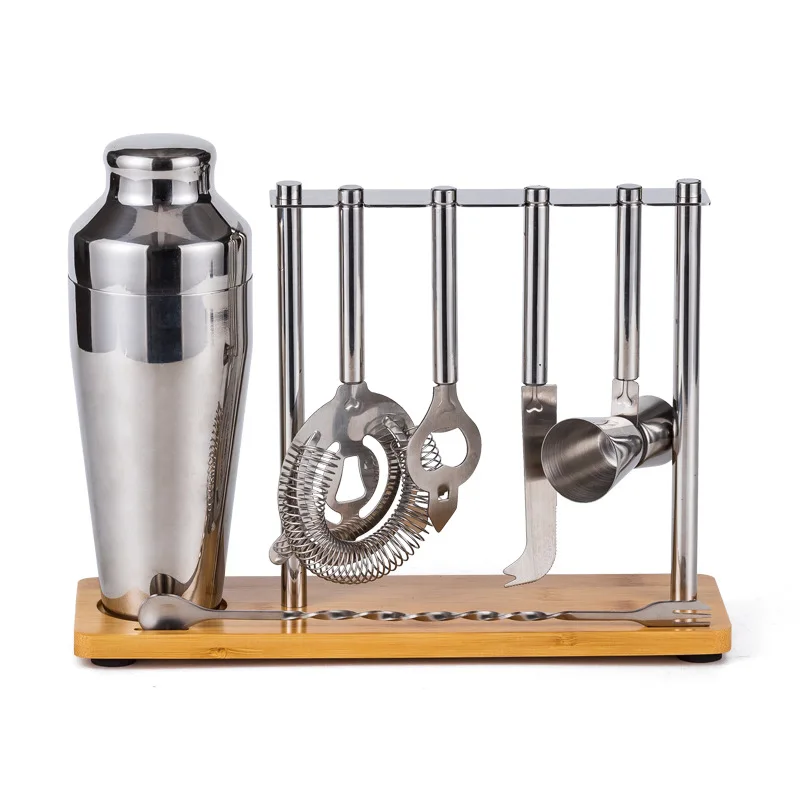 7pcs Bartending Kit Silver Metal Stainless Steel Bar Cocktail Shaker Set with Wood Stand Rack Bottle Opener Cheese Knife