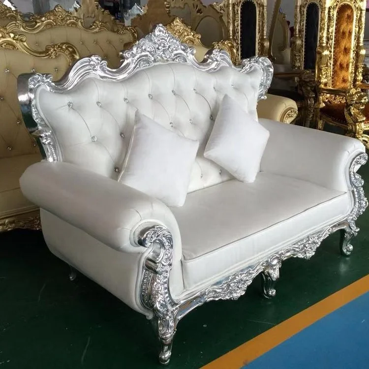 Silver frame white leather double seat throne chair