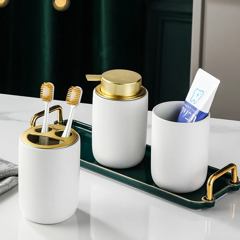 Luxury Decoration Ceramic Bathroom 4-piece Marble Gold Wash Tool Set Lotion Pump Bottle Bathroom Accessories Set
