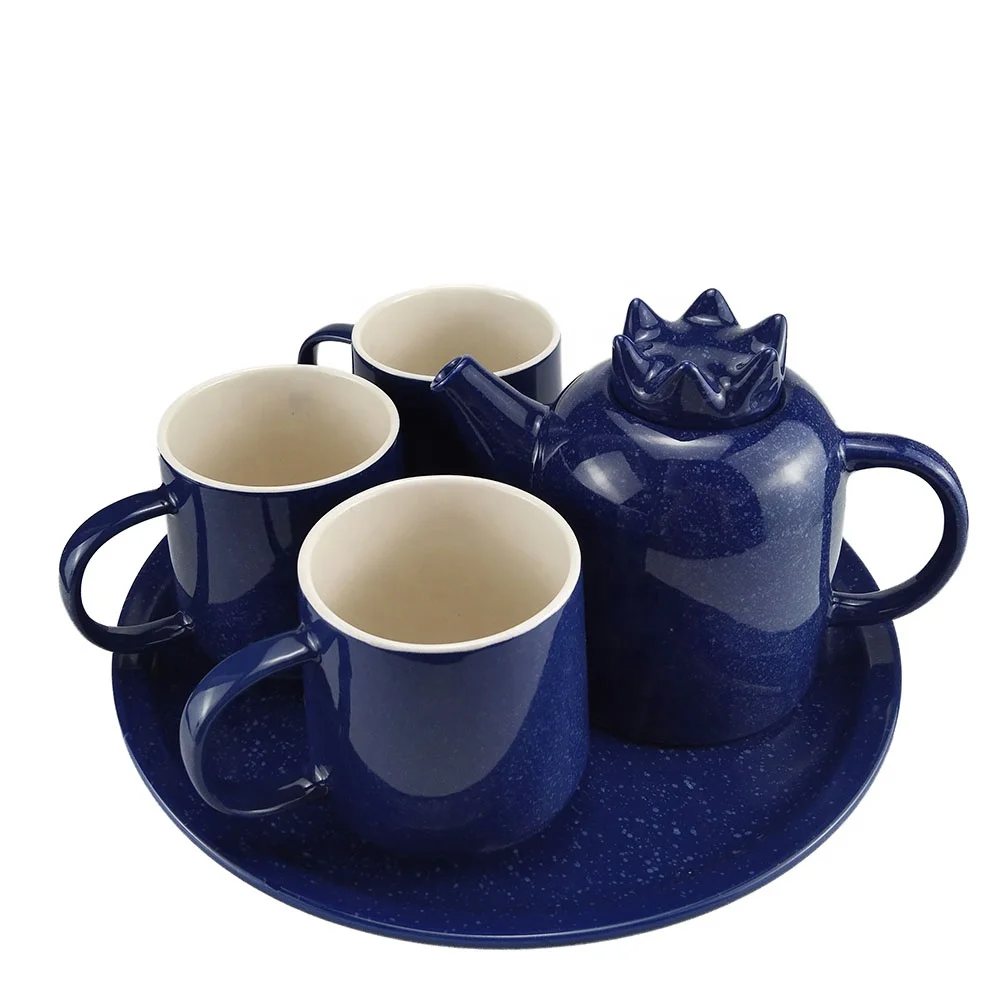 Luxury Blue Starsky Spot Tea Pot Nordic Teapot Coffee & Tea Sets AB Ceramic with Crown Lid & Mugs Europe Sustainable Bulk Pack