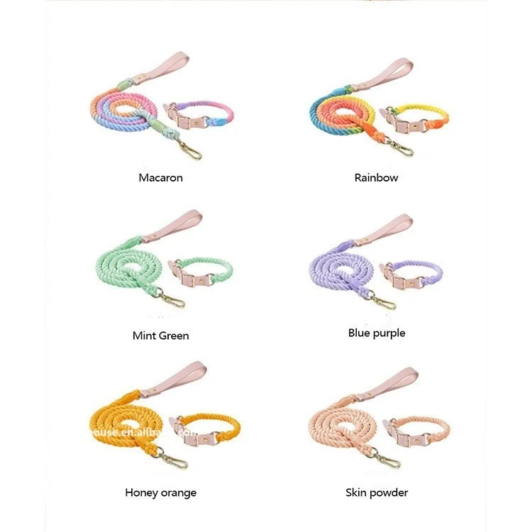 Macrame Hand Woven Pet Dog Collar and Leash Set Adjustable with Leather Adapter Handmade