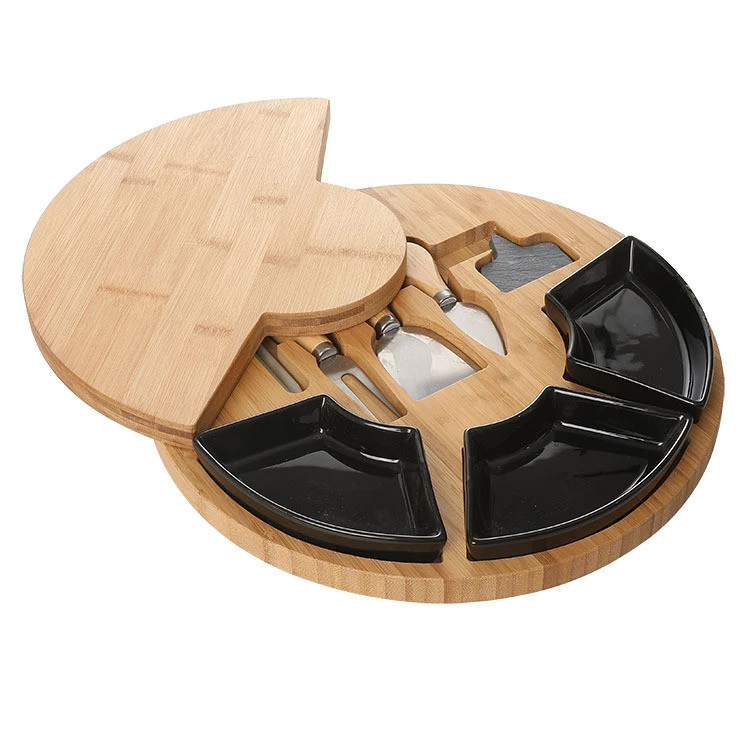 Online Hot Sale Magnetic Round Swiveling Bamboo Cheese Cutting Board and Knife Set