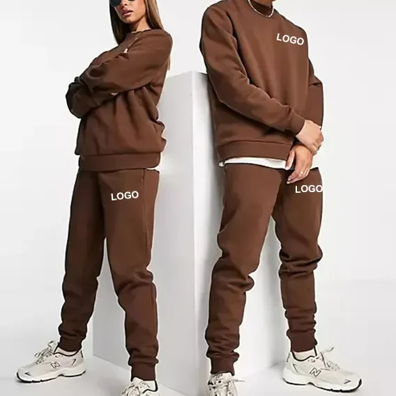 custom men 400gsm hoodies and jogger sets solid logo brown sweatsuit unisex hoody heavyweight cotton tracksuit