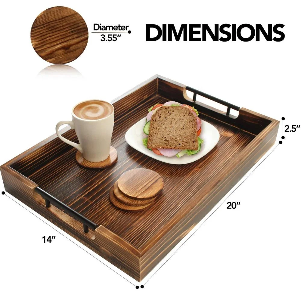 Large Wooden Serving Tray with Metal Handles Includes Set of 4 Coasters This 20x14 Ottoman Tray Known as Coffee Table Tray Decor