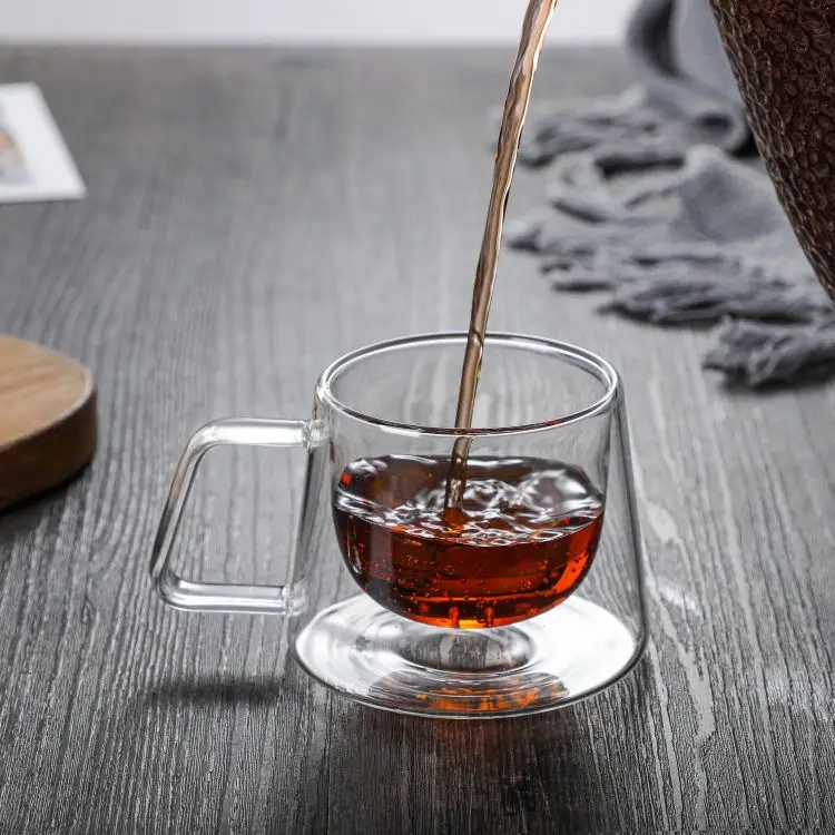 Wholesale double layer hollow heat-resistant glass coffee cup with handle