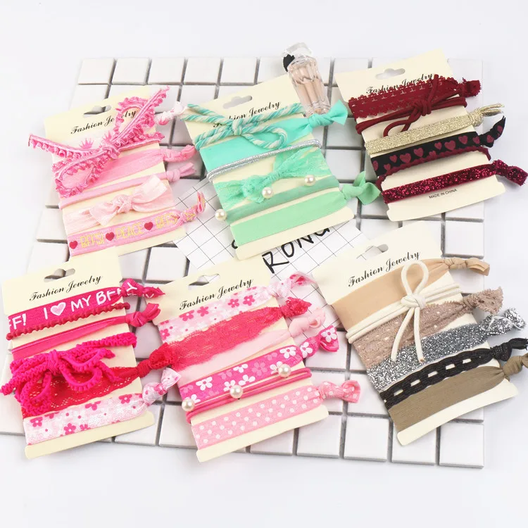 Fashion Printed Hair Ties Ribbon Fold Over Elastic No Crease Lace Ponytail Holder Hair Accessories Set For Women And Girls Accesorios Mujer