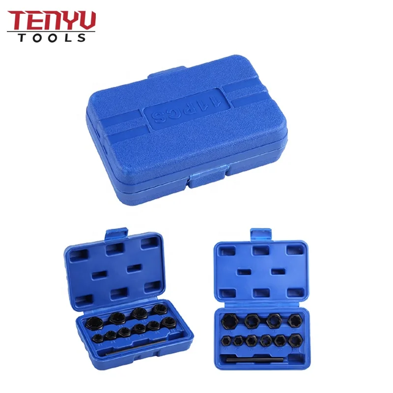 11pcs Twist Socket Set 9-19mm Damaged Screw Nut Extractor Tool with a Punch Rod Set