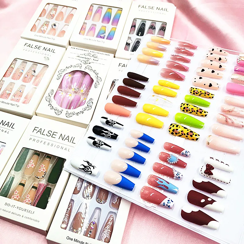 Wholesale 3D Nail Art Long Coffin Acrylic French Pre Design False Nails Tips Back Glue Press On Nail Tips Artificial Fingernails