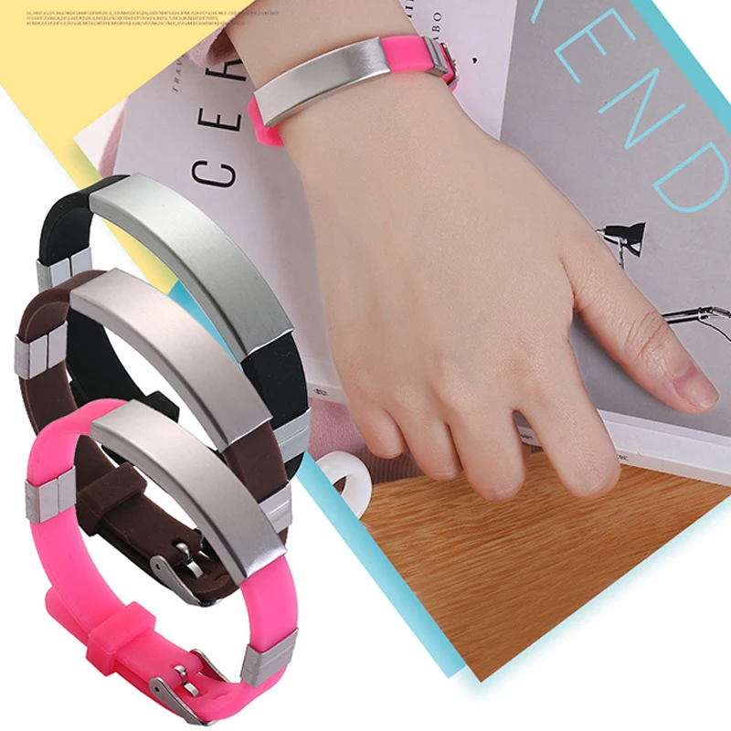 Custom Engraved Stainless Steel Plate Rubber Watchband Armband Adjustable Silicone Wristband Bracelet