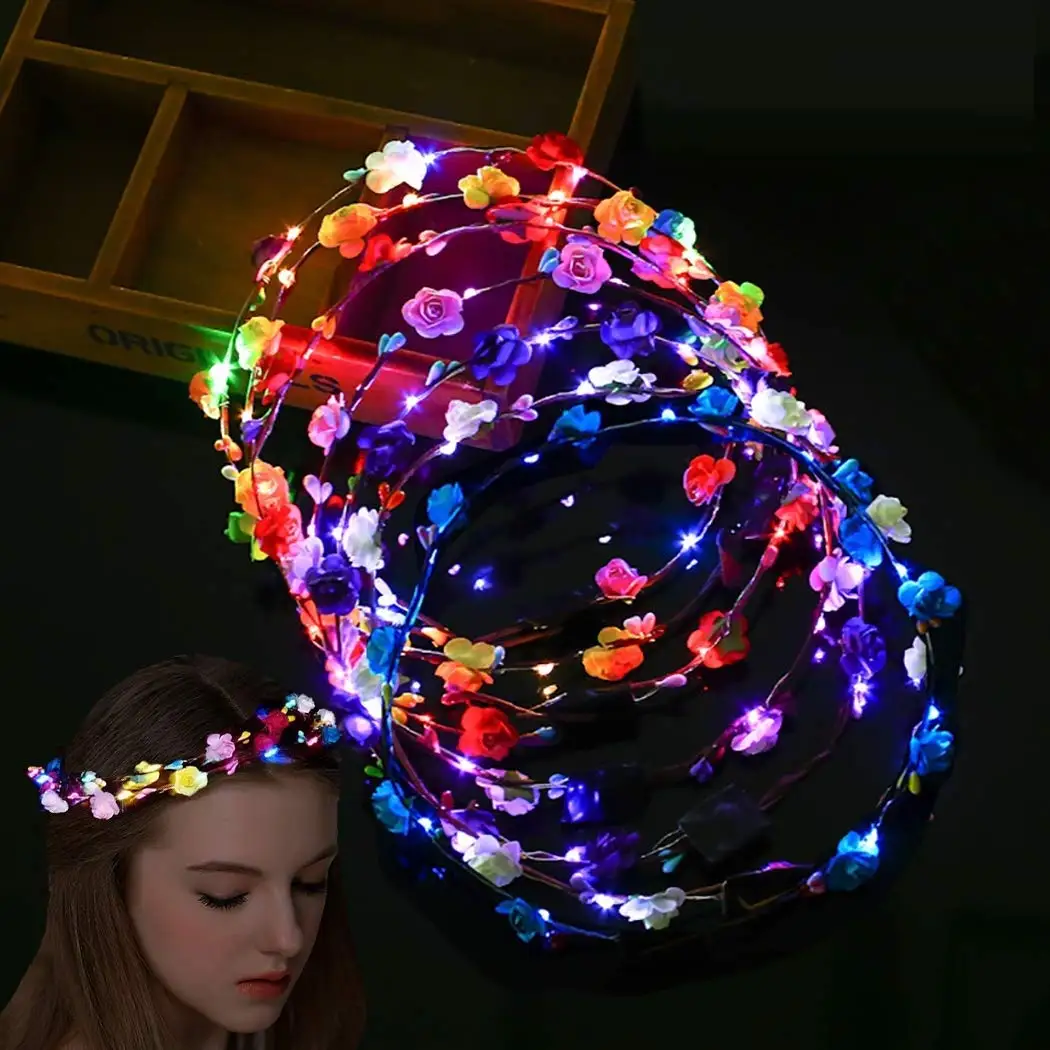 12PCS Flower Wreath Luminous 10 LED Headpiece Garland Crown Flower Headband Glowing Wreath For Wedding Party Christmas Garlands