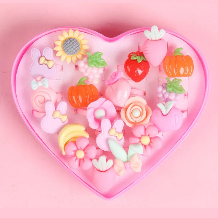 Butterfly Rings Set Children Resin Cartoon Gemstone Ring for Little Girl Plastic Ring Set Bracelet Box