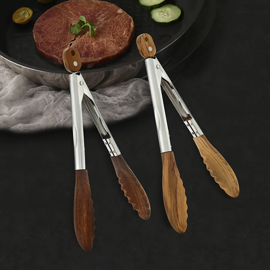 Natural wood Walnut stainless steel service food tongs for kitchen and BBQ