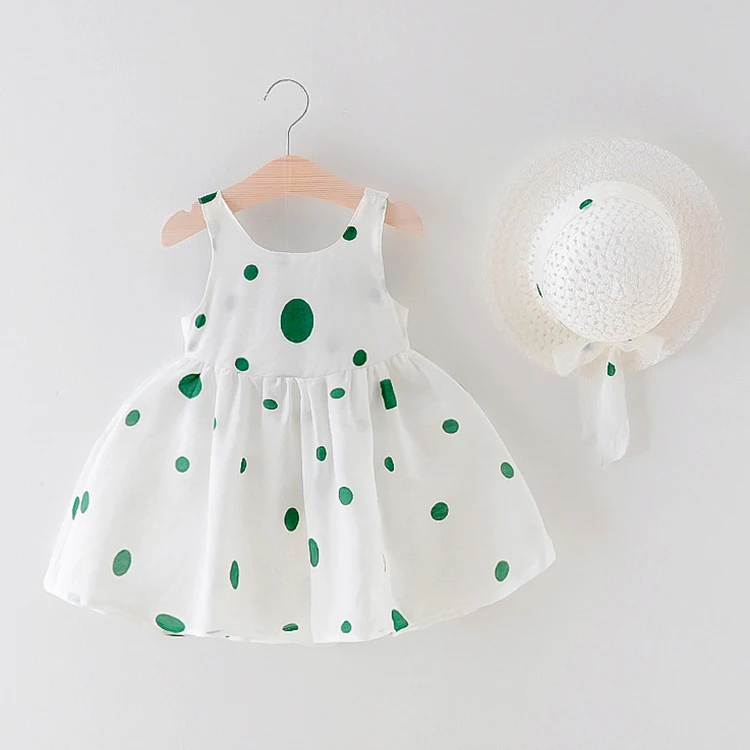 
Summer cute dot big bow sleeveless A-Line cotton infant toddlers clothing girls dresses with hat 
