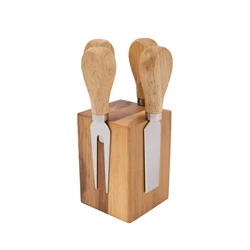 Set of 4 Stainless Steel Cheese Spreader Slicer Shaver Fork Cheese Cutter Knives Set Board with Wood Handle Magnetic Knife Block