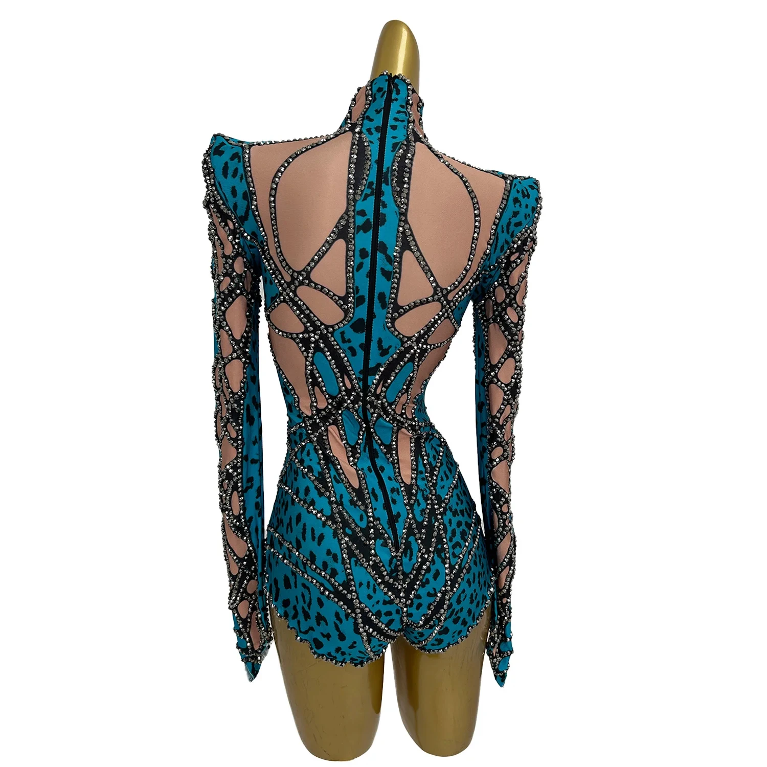 Sexy Long Sleeves Print Stage Performance Jumpsuit Club Festival Outfit Dancer Costumes Show Rompers Women Rhinestone Bodysuit