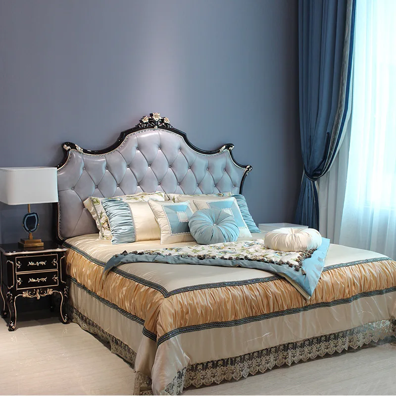 Foshan Factory-Traditional Oak Wood Luxury King Master Bedstead Carved with Dark Polish Queen Size Genuine Leather Interior