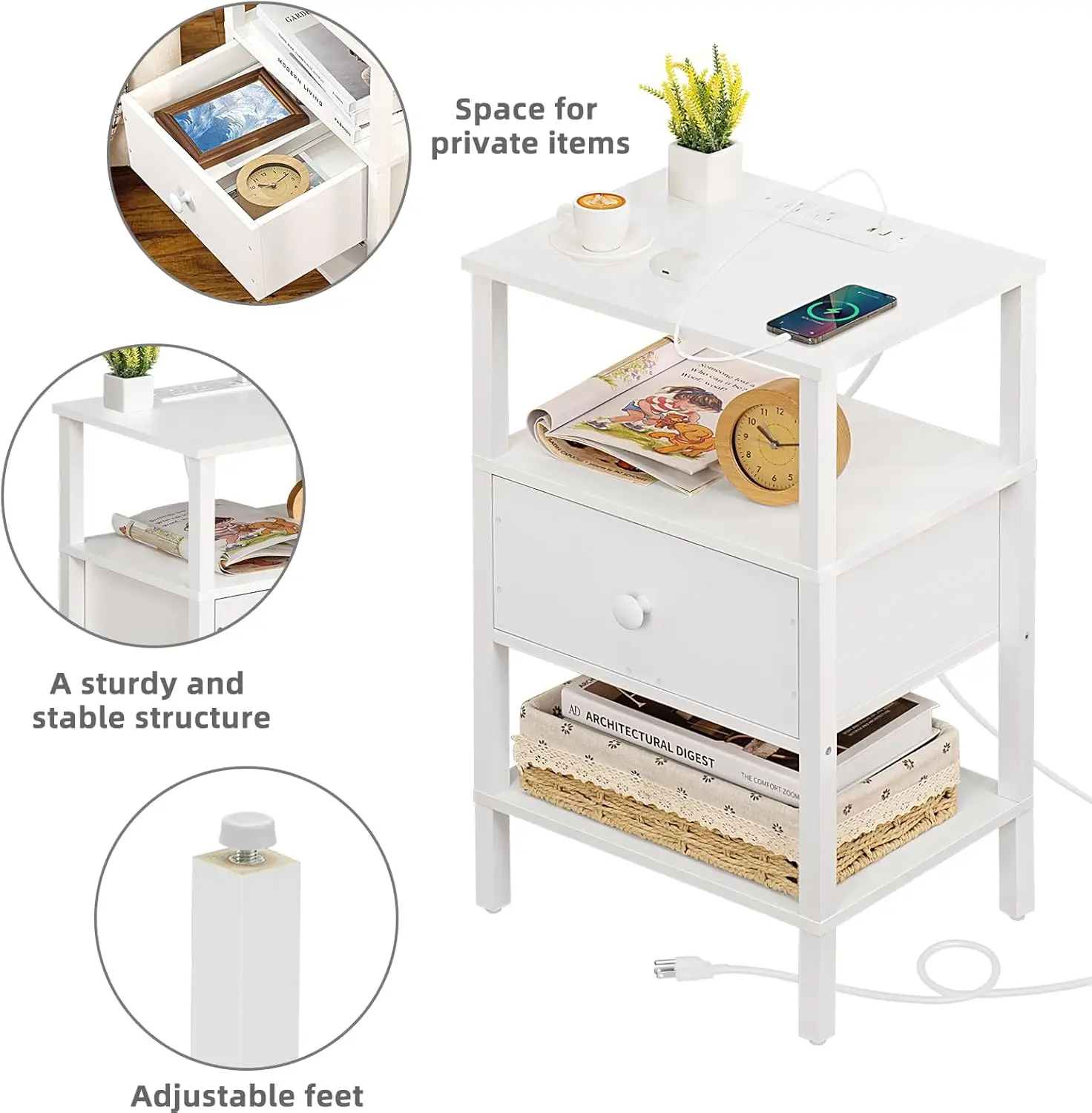 Living Room Bedroom White 3 Tier Storage End Table Drawer Shelf Night Stand Small Spaces Wood Bedside Table Nightstand