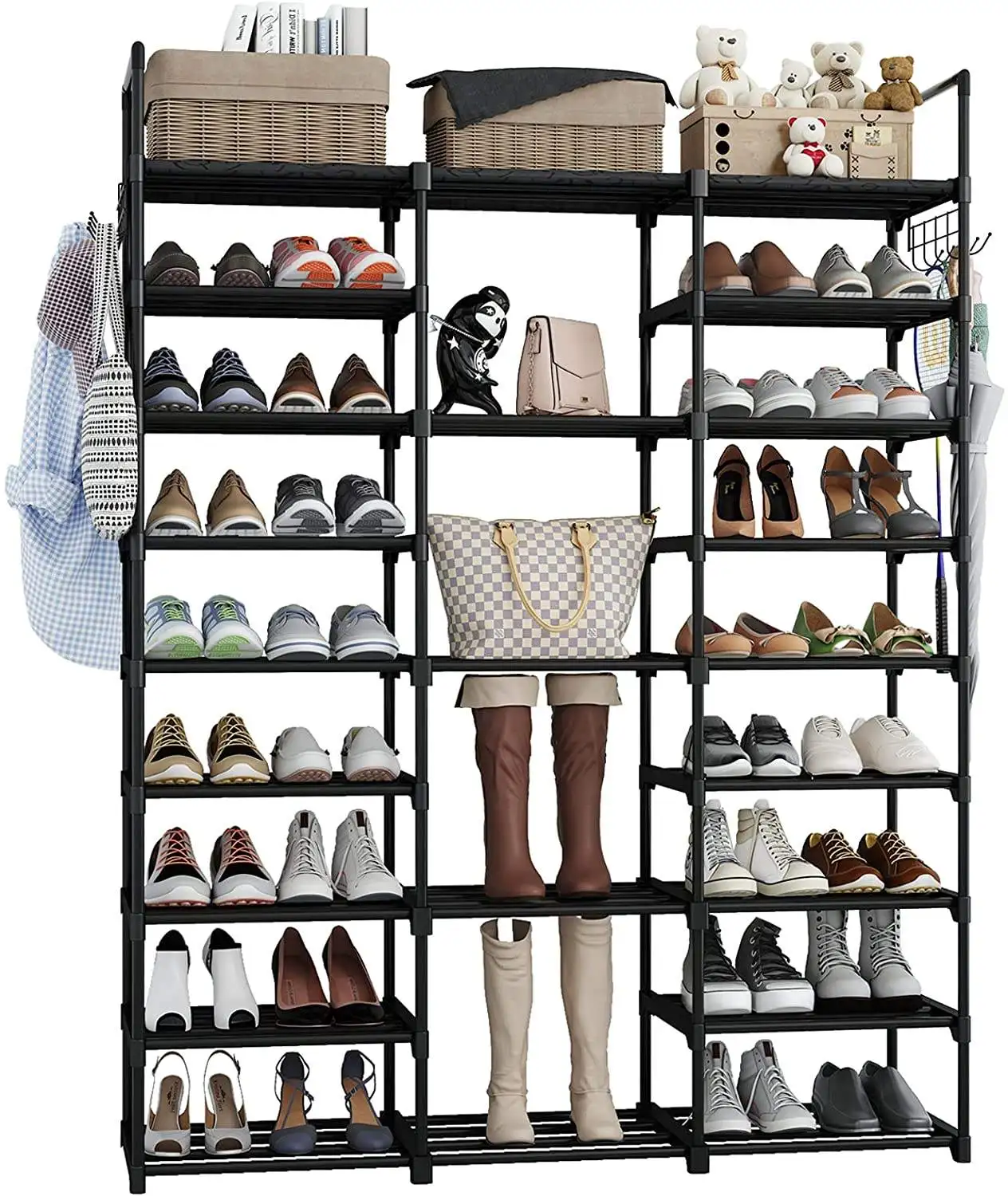 Space Saving 9 Tier Stackable Shoe Rack Tower Unit Wholesales Shoes Boots Organizer with Two Hooks for Entryway Garage Bedroom