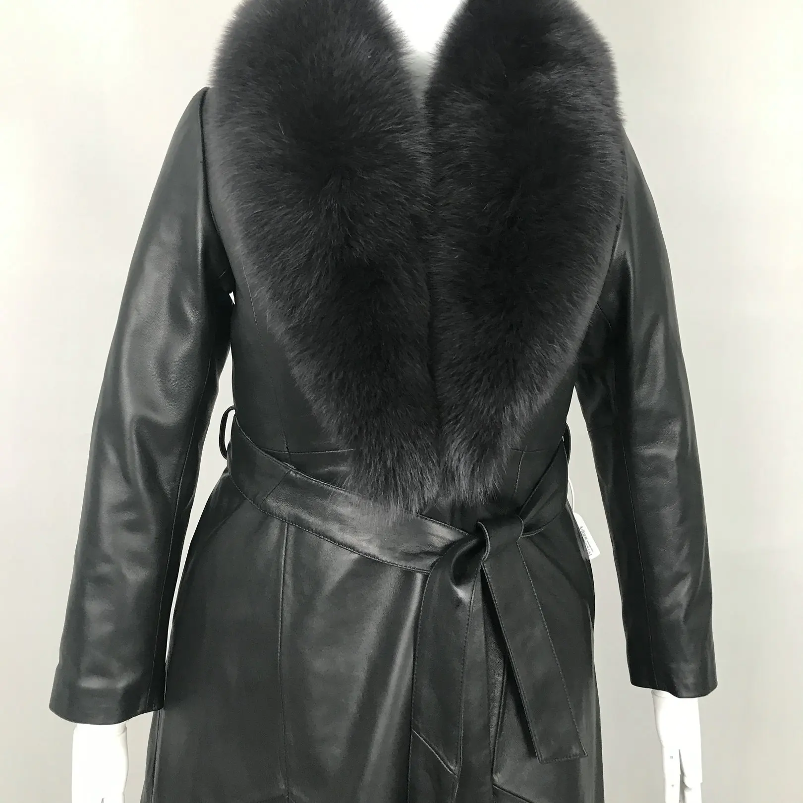 Custom Classic Long Black Leather Jacket Genuine Leather Coat Women with Fox Fur Collar
