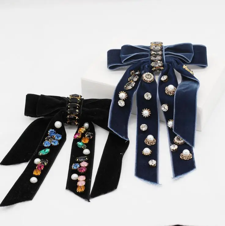 Wholesale Fashion Girls Large Velvet Hair Bows Crystal Pearl Embellished Barrette Clips Luxury Hair Clip Ins for Women