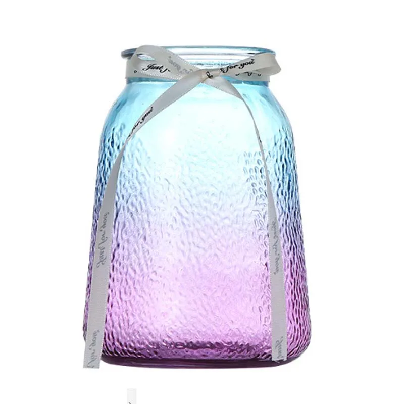 Beautiful Home Decoration Ribbed Colored Glass Vase Hydroponic Colorful  Clear Glass Flower Vase For Living Room
