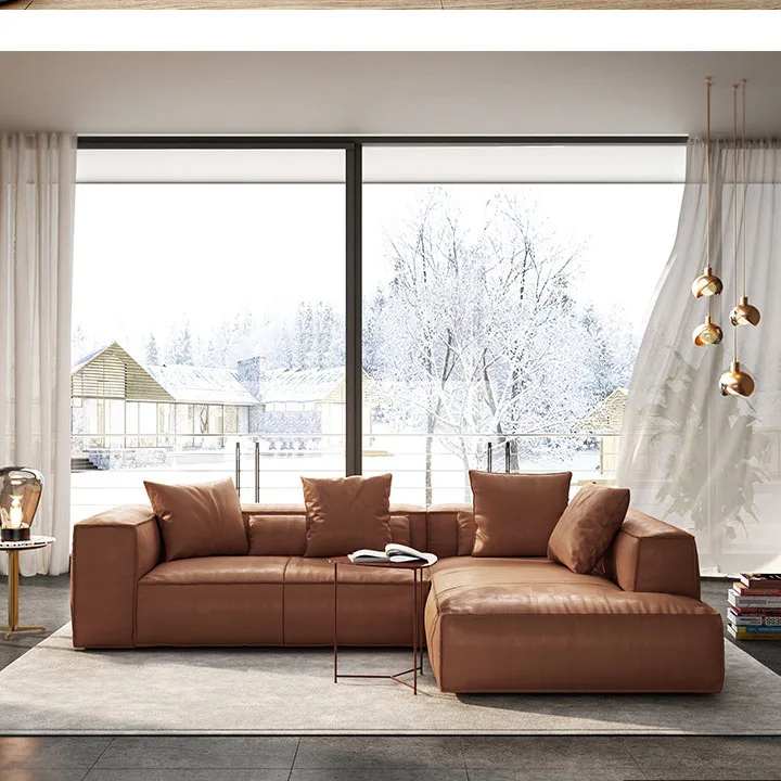 Italian tofu block, down leather sofa modern minimalist living room Nordic solid wood four -person leather cowhide sofa
