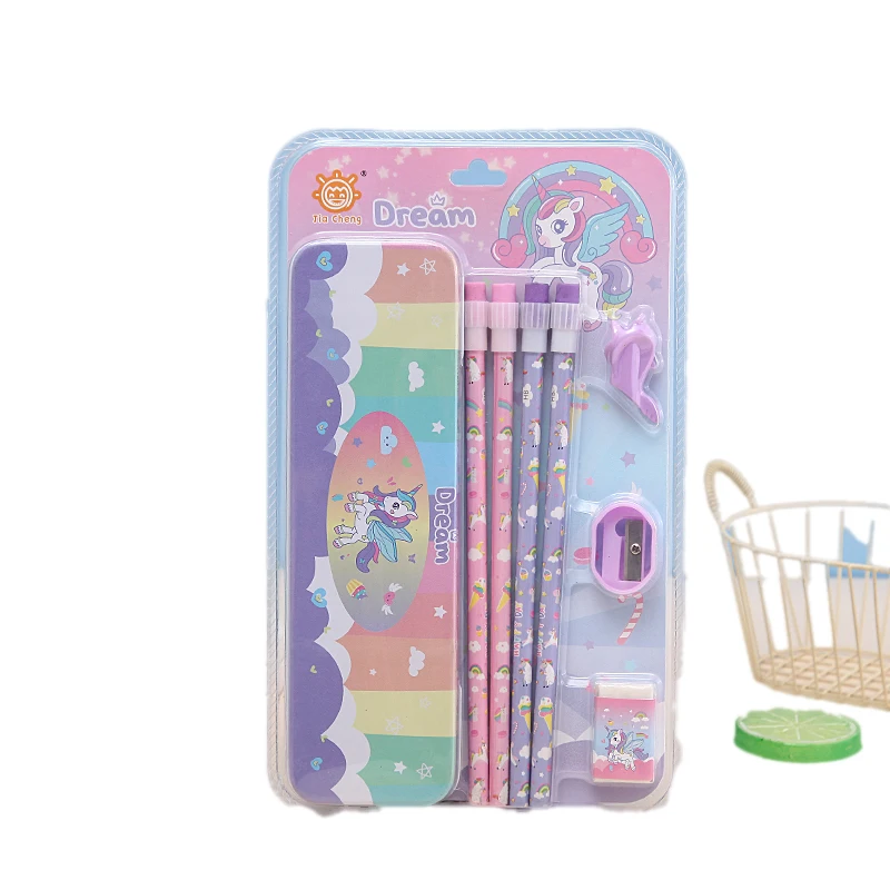 School kids gifts supply cartoon cute kawaii unicorn stationery set for girls with Pen holder pencil eraser sharper
