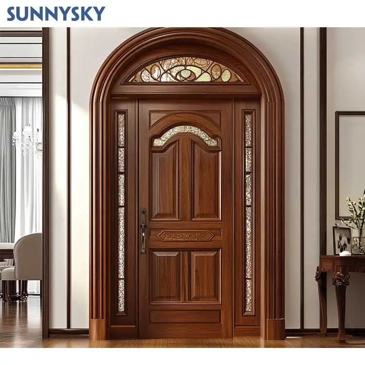 Sunnysky Luxury arched double wooden front entry doors design exterior arch top solid wood main entrance door with glass