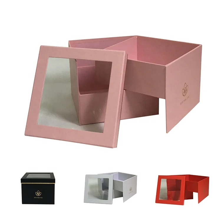 OEM Two-Layer Square Rotating Gift Box PVC Casement with Hand Flower Rigid Coated Paper for Gifts