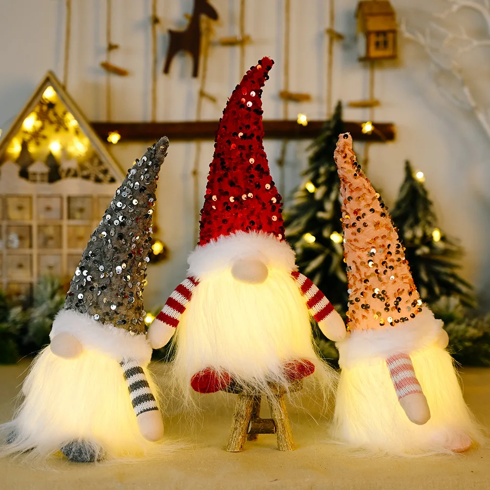 Nicro 2022 New Design Adorable Led Light Christmas Sequin Gnome Ornaments Navidad Faceless Doll Christmas Table Xmas Decoration