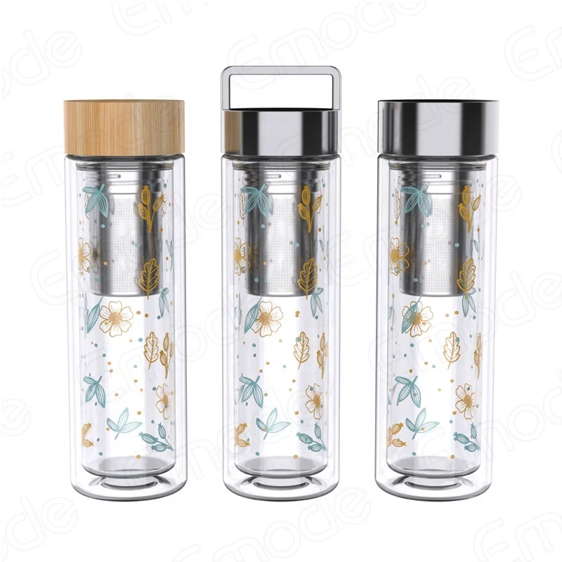 Tea Bottle with Filter, 500 ml Double Wall, Glass Bottle with Tea Infuser, Tea Maker, Insulated, Teapot with Bamboo Lid