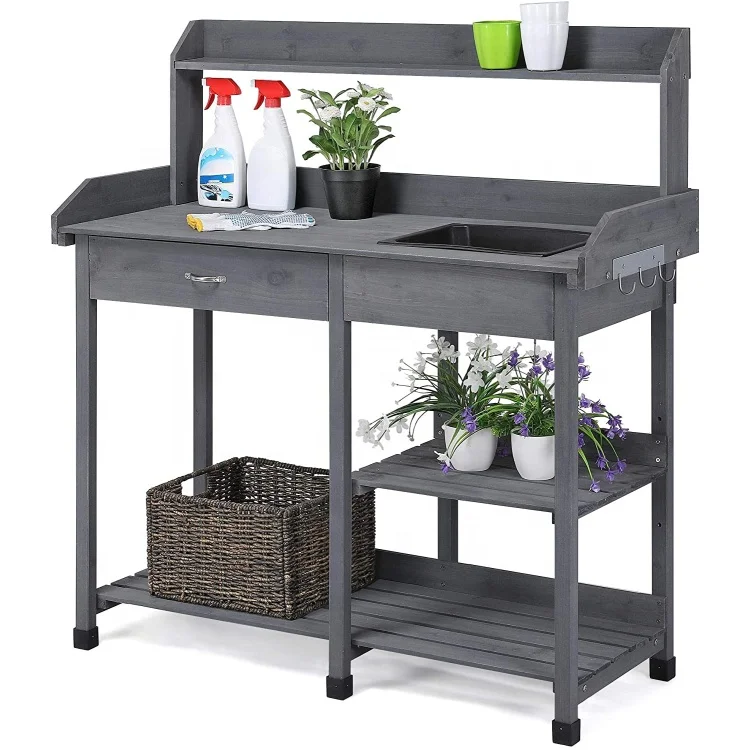 Jaalex Outdoor Waterproof Wood Garden Potting Bench 3 Tier Garden Working Table With Plastic Sink